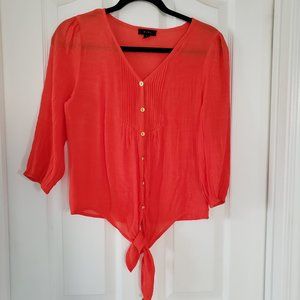 Mine Blouse Womens Small Orange V Neck Tie 3/4 Sleeve Beachy Classic Career